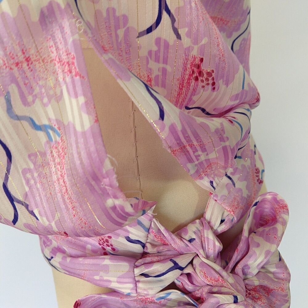 Vintage 80s Floral Blouse Size M Purple Georgette Bow Glam Long Sleeve Metallic - Picture 4 of 9